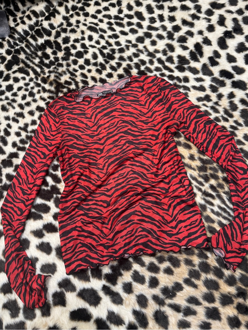 Y2K ZARA RED BLACK ZEBRA STRIPE SHEER MESH LONGSLEEVE SMALL GOTH PUNK